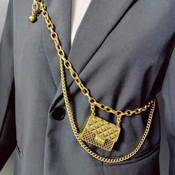 Anthropologie Fashion Tassel Silver Mini Double Chain Charm Belt/Bag - Picture 3 of 17